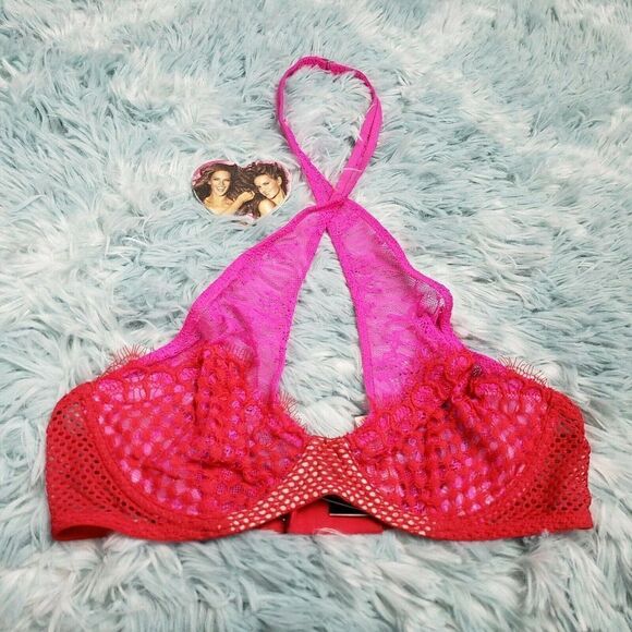 Victoria's Secrets Women's Red Hot Pink Fish Net Unlined Demi Bra 34 C - Picture 1 of 6